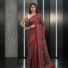 Pure Modal Dark Red Silk Hand Block Printed Saree with Natural Dyes