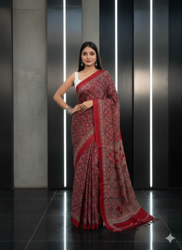 Pure Modal Dark Red Silk Hand Block Printed Saree with Natural Dyes