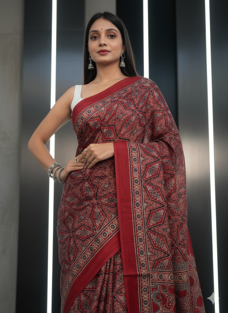 Pure Modal Dark Red Silk Hand Block Printed Saree with Natural Dyes