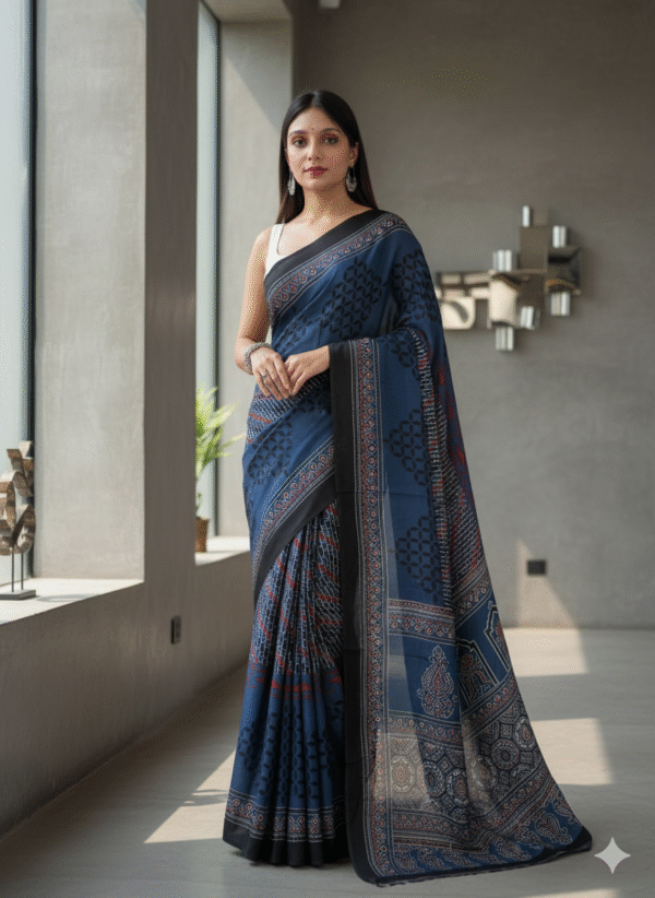 1759316174347 Pure Modal Blue Silk Hand Block Printed Saree with Natural Dyes