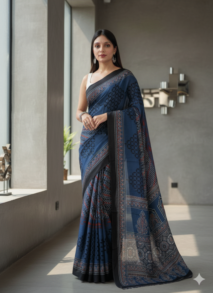 Pure Modal Blue Silk Hand Block Printed Saree with Natural Dyes