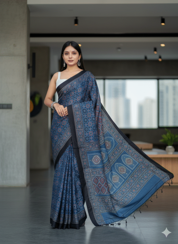 Pure Modal Blue-Red Silk Hand Block Printed Saree with Natural Dyes
