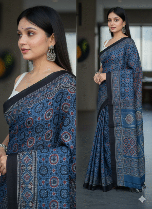 Pure Modal Blue-Red Silk Hand Block Printed Saree with Natural Dyes