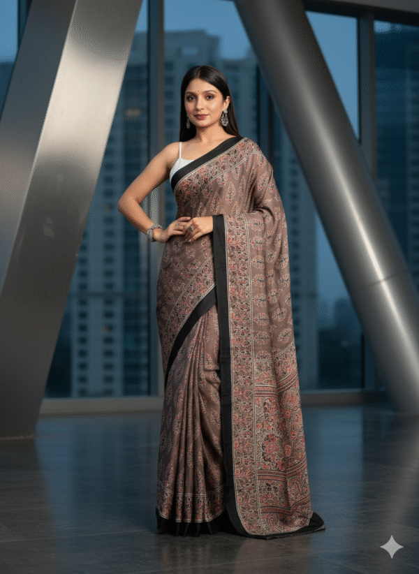 1759317129455 Pure Modal Light Brown Silk Hand Block Printed Saree with Natural Dyes