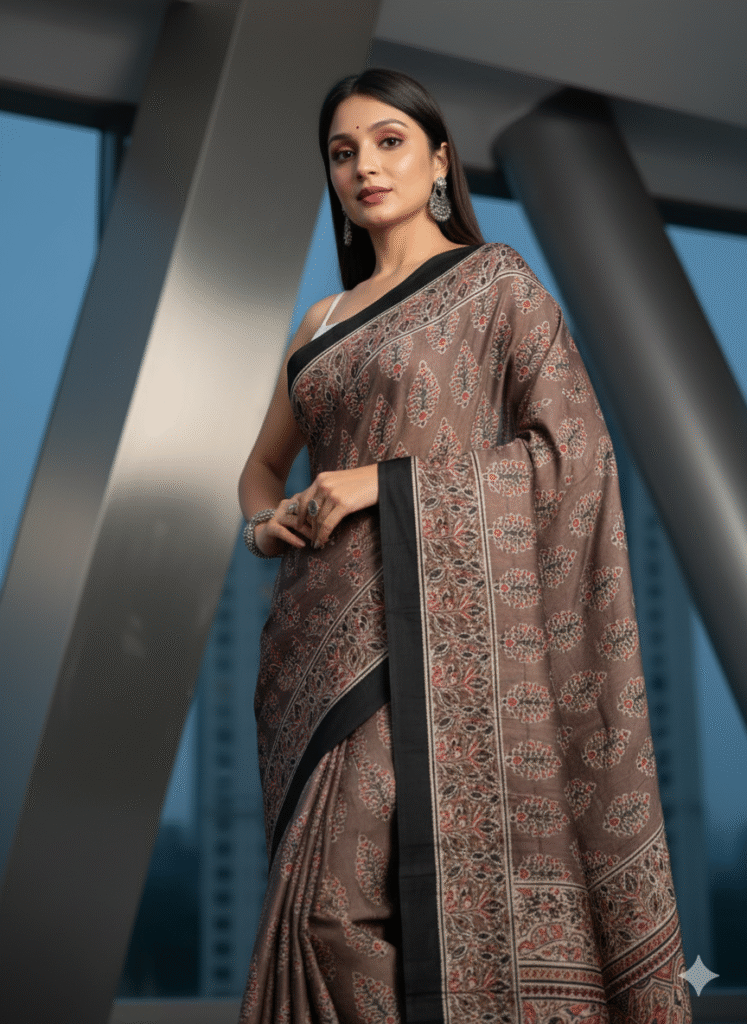 Pure Modal Light Brown Silk Hand Block Printed Saree with Natural Dyes