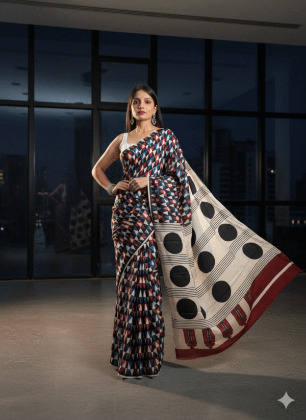 Pure Modal Red-Blue Silk Hand Block Printed Saree with Natural Dyes