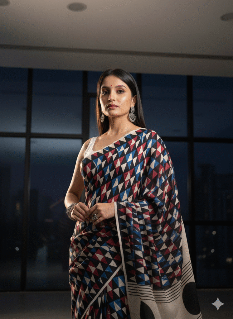 Pure Modal Red-Blue Silk Hand Block Printed Saree with Natural Dyes