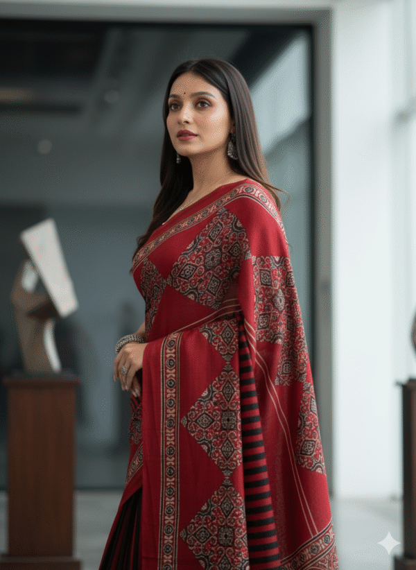 1759323550676 Pure Modal Red Pattern Silk Hand Block Printed Saree with Natural Dyes