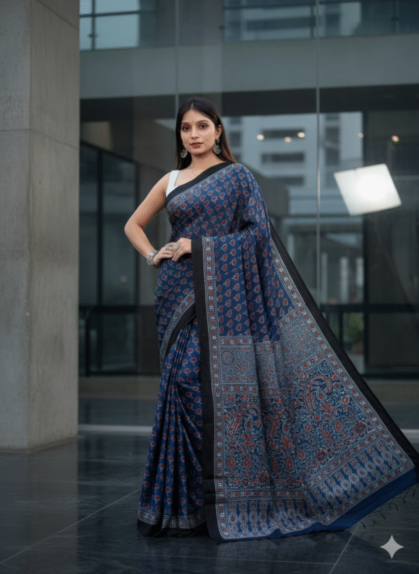 1759324149114 Pure Modal Blue Pattern Silk Hand Block Printed Saree with Natural Dyes
