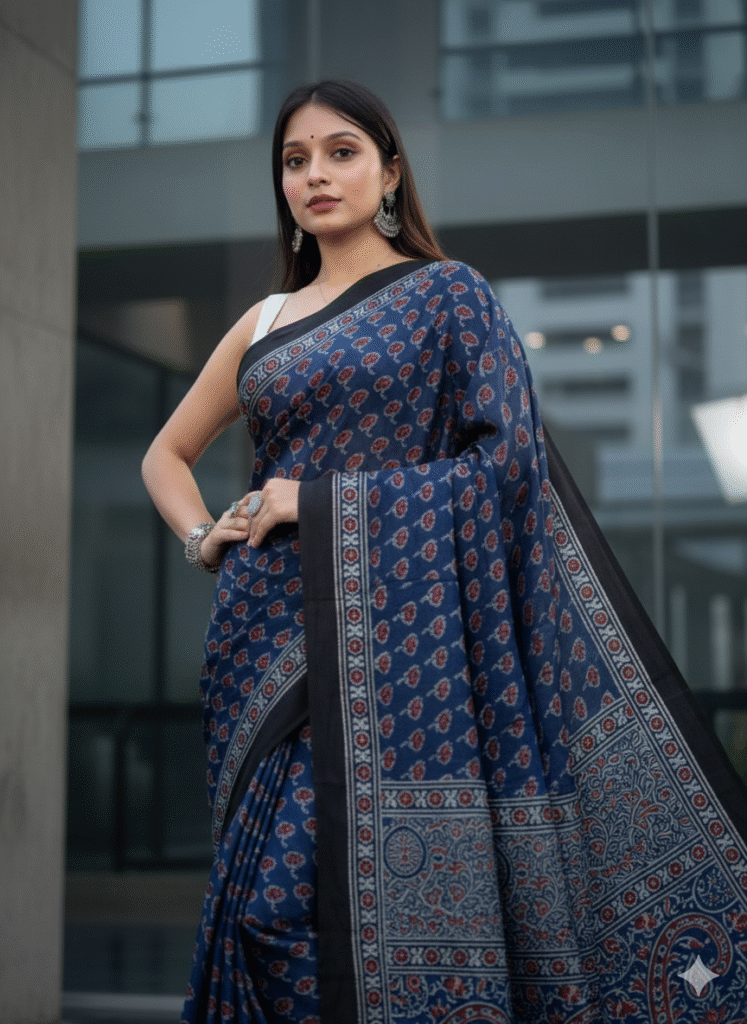 Pure Modal Blue Pattern Silk Hand Block Printed Saree with Natural Dyes