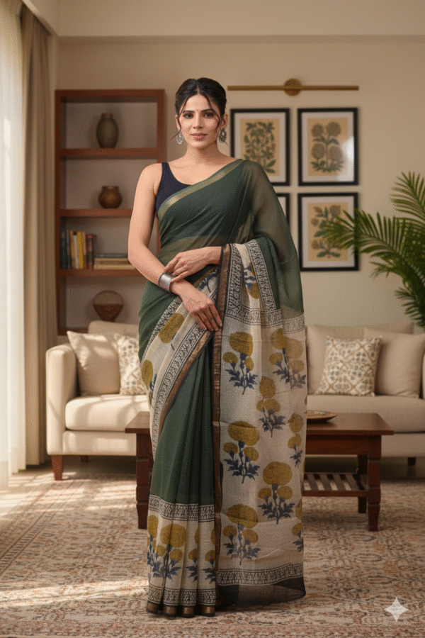 Dark Green Kota Doriya Saree with Hand Block Bagru Print
