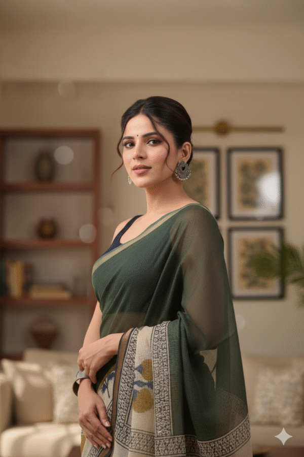 Dark Green Kota Doriya Saree with Hand Block Bagru Print