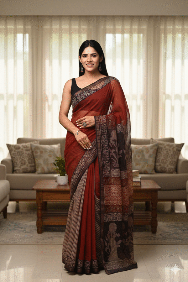 Dark Red Kota Doriya Saree with Hand Block Bagru Print