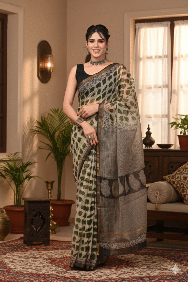1759481584590 Biege Green Kota Doriya Saree with Hand Block Bagru Print