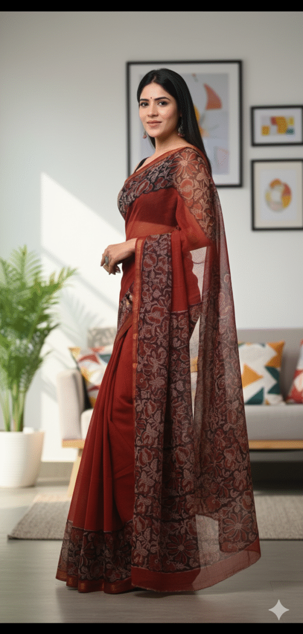 Red Kota Doriya Saree with Hand Block Bagru Print