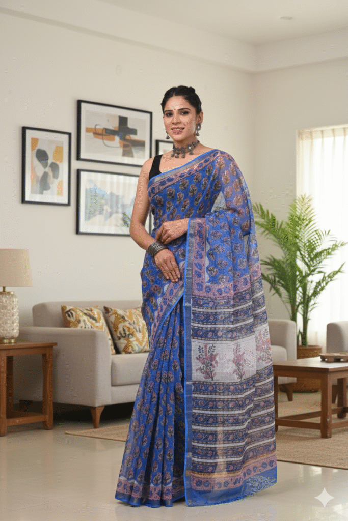 Light Blue Kota Doriya Saree with Hand Block Bagru Print