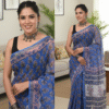 Light Blue Kota Doriya Saree with Hand Block Bagru Print
