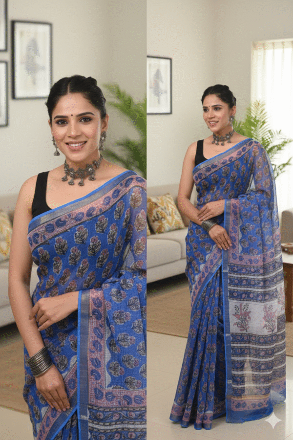 Light Blue Kota Doriya Saree with Hand Block Bagru Print