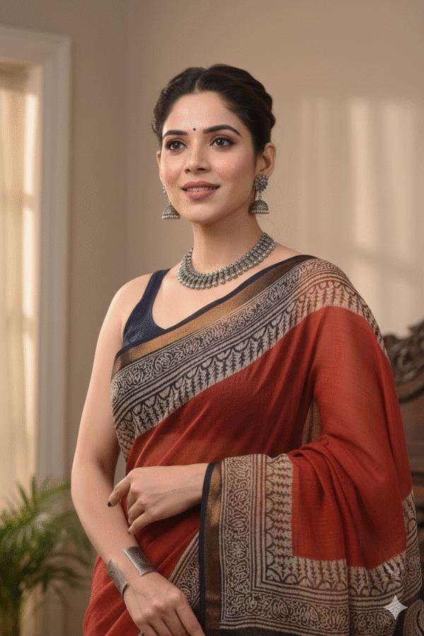 1759585223288 Red Biege Kota Doriya Saree with Hand Block Bagru Print