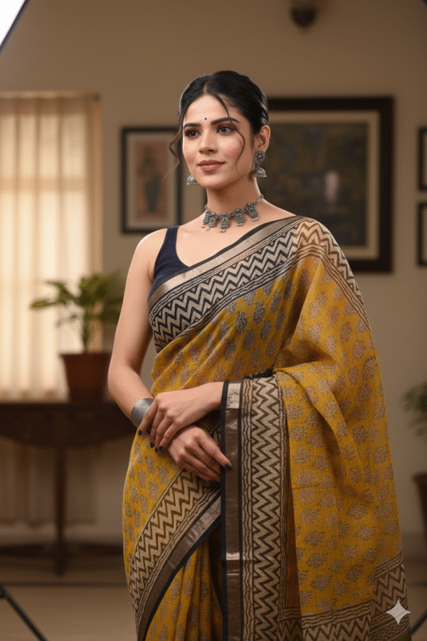 1759585840374 Yellow Kota Doriya Saree with Hand Block Bagru Print