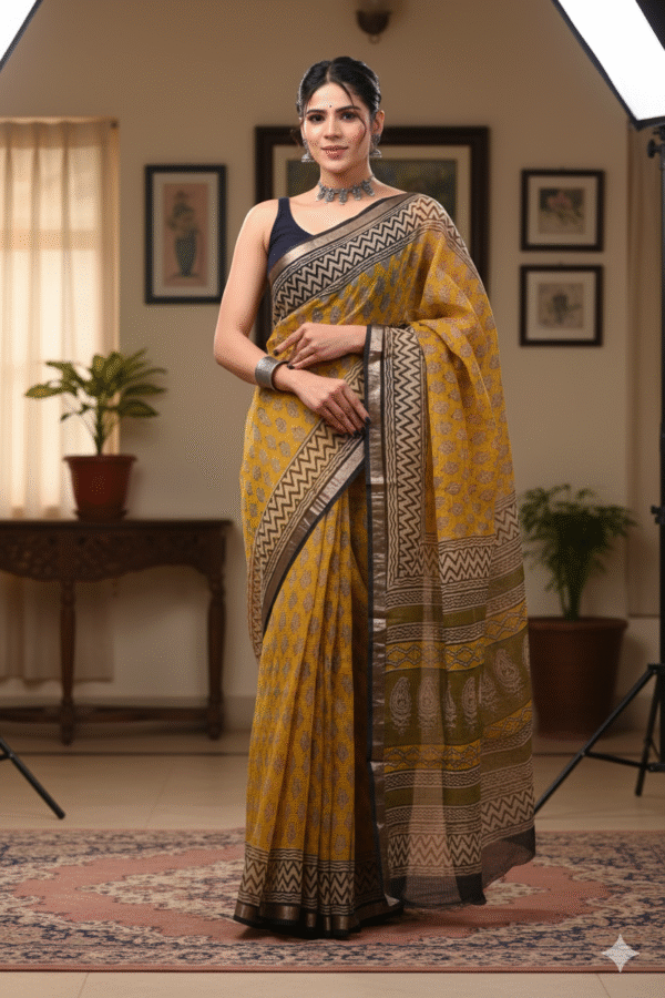 1759585845702 Yellow Kota Doriya Saree with Hand Block Bagru Print