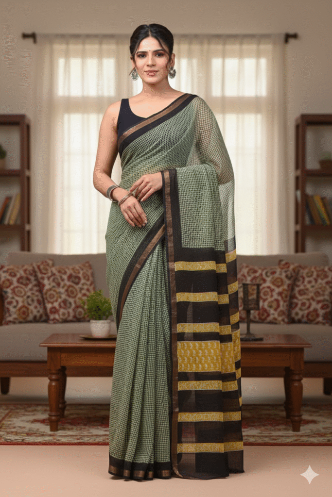 Light Grassy Green Doriya Saree with Hand Block Bagru Print