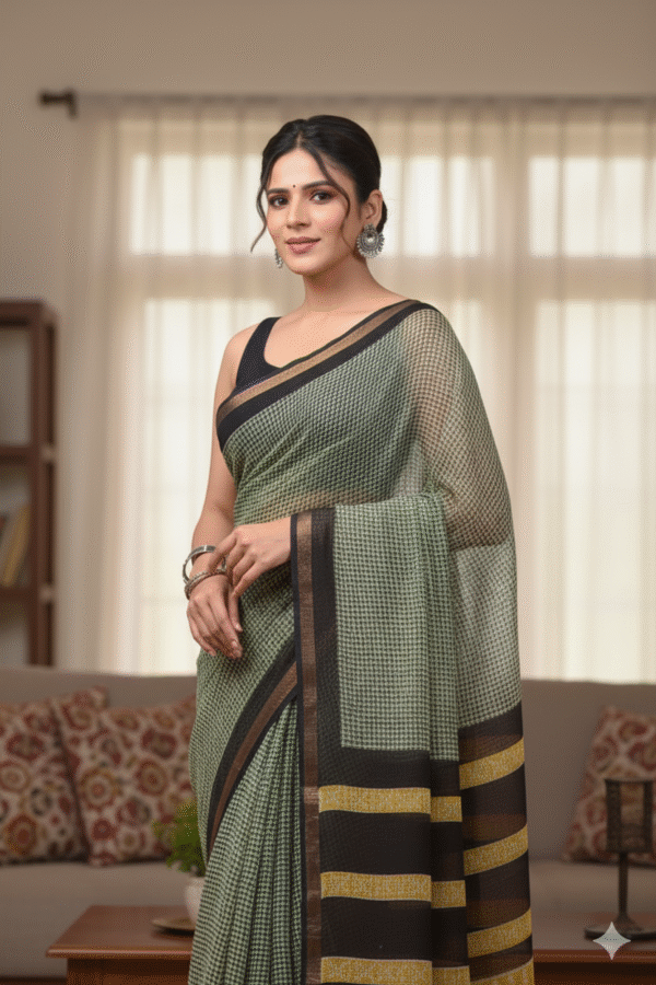 Light Grassy Green Doriya Saree with Hand Block Bagru Print