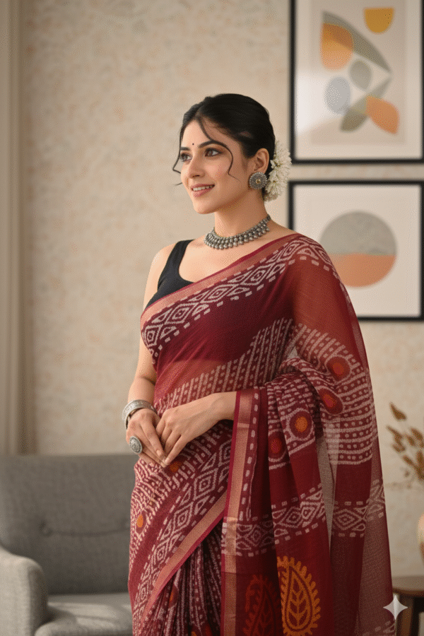 Brown Red Doriya Saree with Hand Block Bagru Print