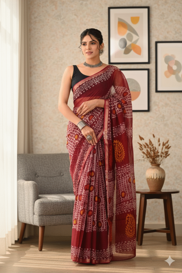 Brown Red Doriya Saree with Hand Block Bagru Print