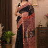 Black Red Pattern Doriya Saree with Hand Block Bagru Print