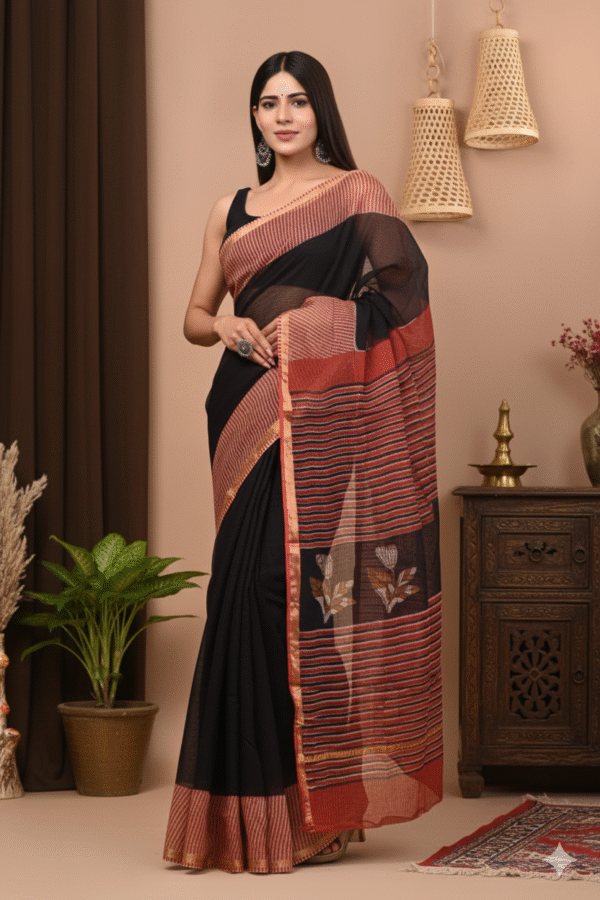 Black Red Pattern Doriya Saree with Hand Block Bagru Print
