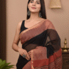 Black Red Pattern Doriya Saree with Hand Block Bagru Print