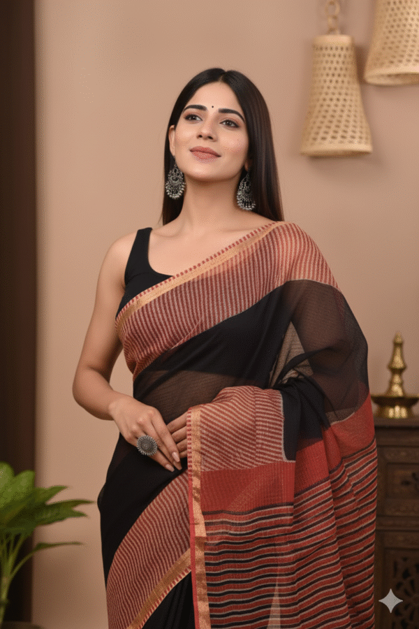 Black Red Pattern Doriya Saree with Hand Block Bagru Print