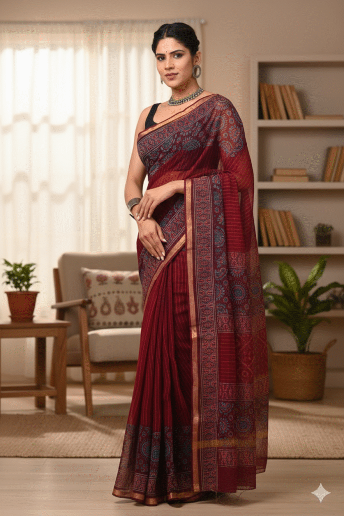Dark Red Pattern Doriya Saree with Hand Block Bagru Print