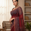 Dark Red Pattern Doriya Saree with Hand Block Bagru Print