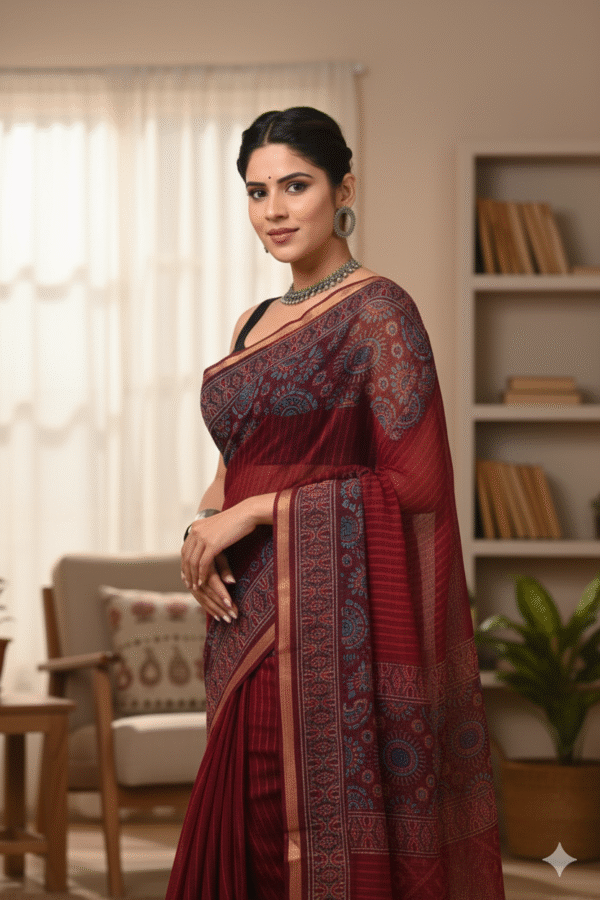 Dark Red Pattern Doriya Saree with Hand Block Bagru Print