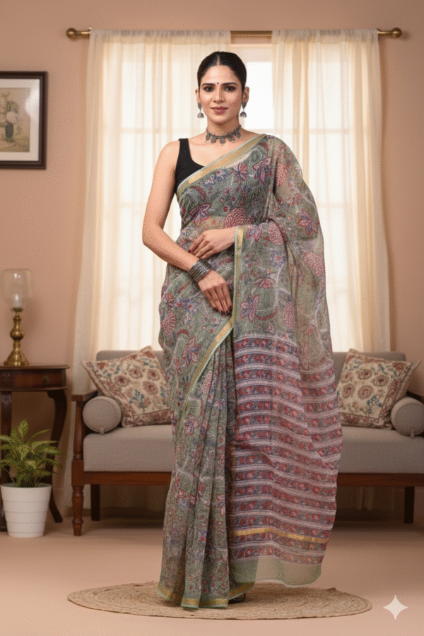 Biege Pink Pattern Doriya Saree with Hand Block Bagru Print