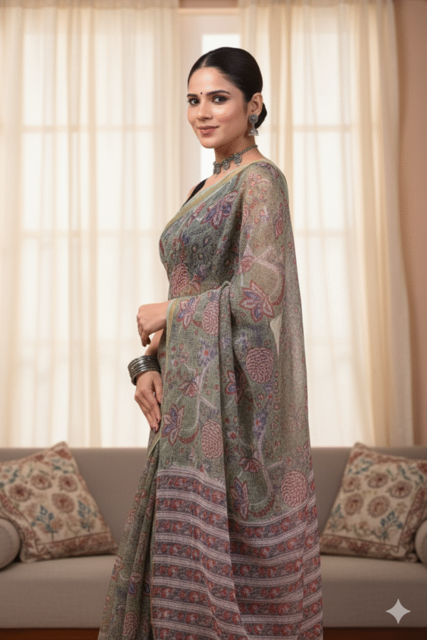 Biege Pink Pattern Doriya Saree with Hand Block Bagru Print