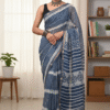 Light Blue Pattern Doriya Saree with Hand Block Bagru Print