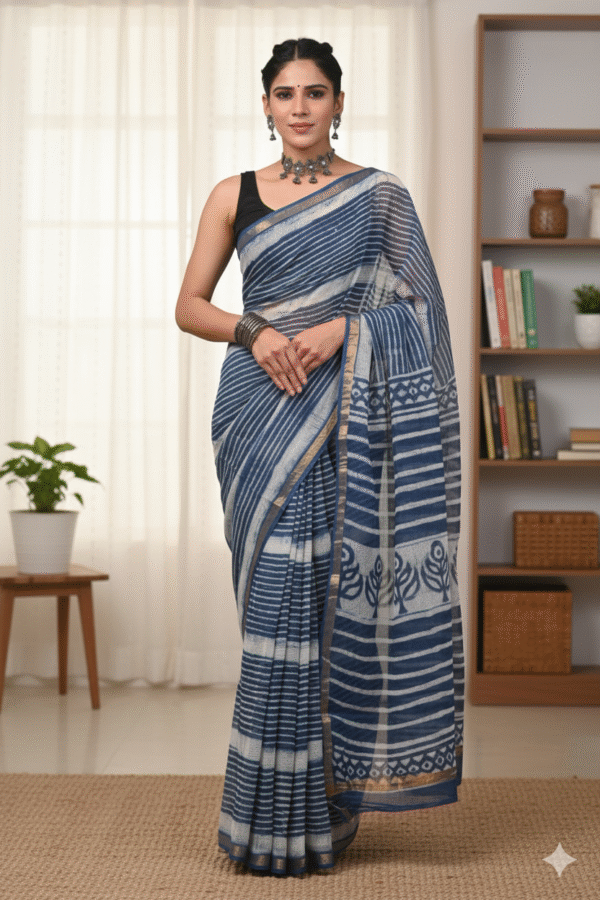 Light Blue Pattern Doriya Saree with Hand Block Bagru Print