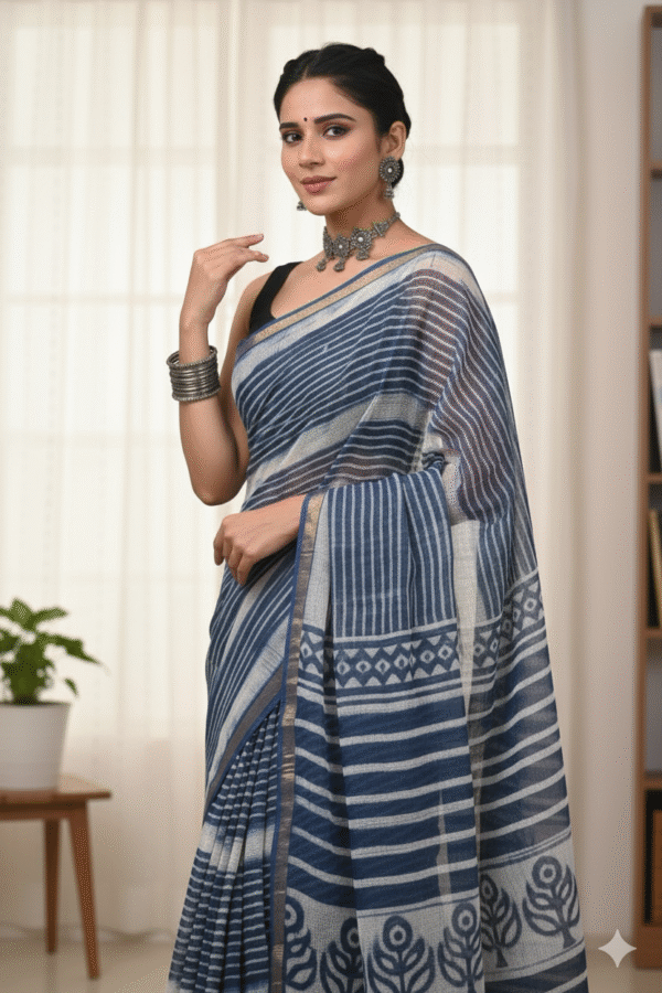 Light Blue Pattern Doriya Saree with Hand Block Bagru Print