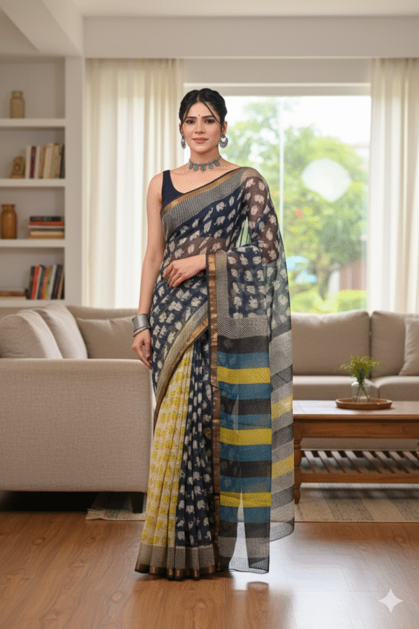 1759589683914 Black Yellow Pattern Doriya Saree with Hand Block Bagru Print