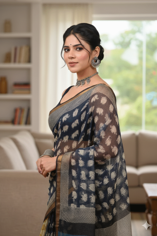 1759589693427 Black Yellow Pattern Doriya Saree with Hand Block Bagru Print