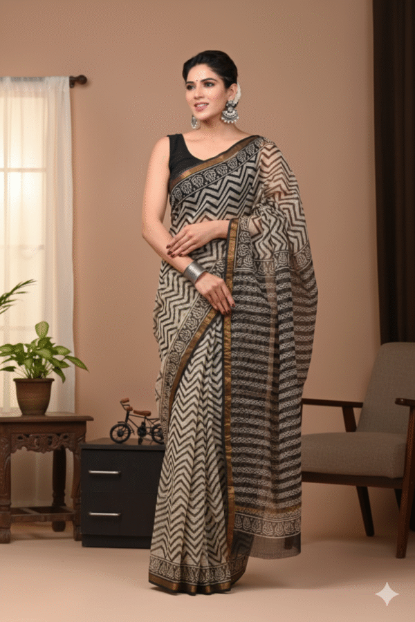 1759589831552 Black Biege Pattern Doriya Saree with Hand Block Bagru Print