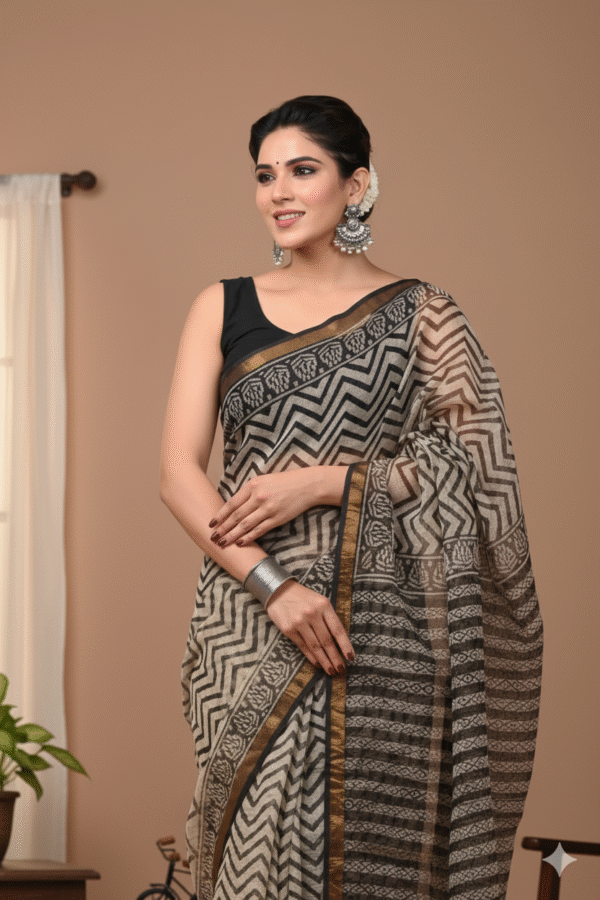 1759589921642 Black Biege Pattern Doriya Saree with Hand Block Bagru Print