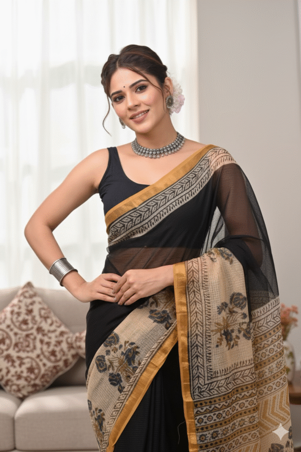 1759590131225 Black Dark Biege Pattern Doriya Saree with Hand Block Bagru Print