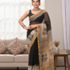 1759590252331 Black Dark Biege Pattern Doriya Saree with Hand Block Bagru Print