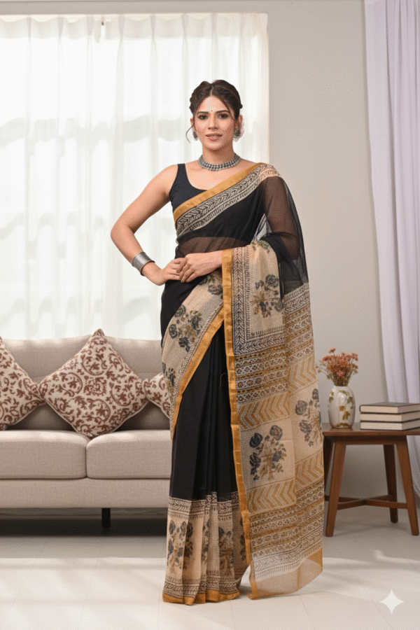 1759590252331 Black Dark Biege Pattern Doriya Saree with Hand Block Bagru Print