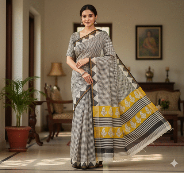 1759590369443 Grey Yellow Biege Pattern Doriya Saree with Hand Block Bagru Print