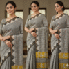1759590502895 Grey Yellow Biege Pattern Doriya Saree with Hand Block Bagru Print